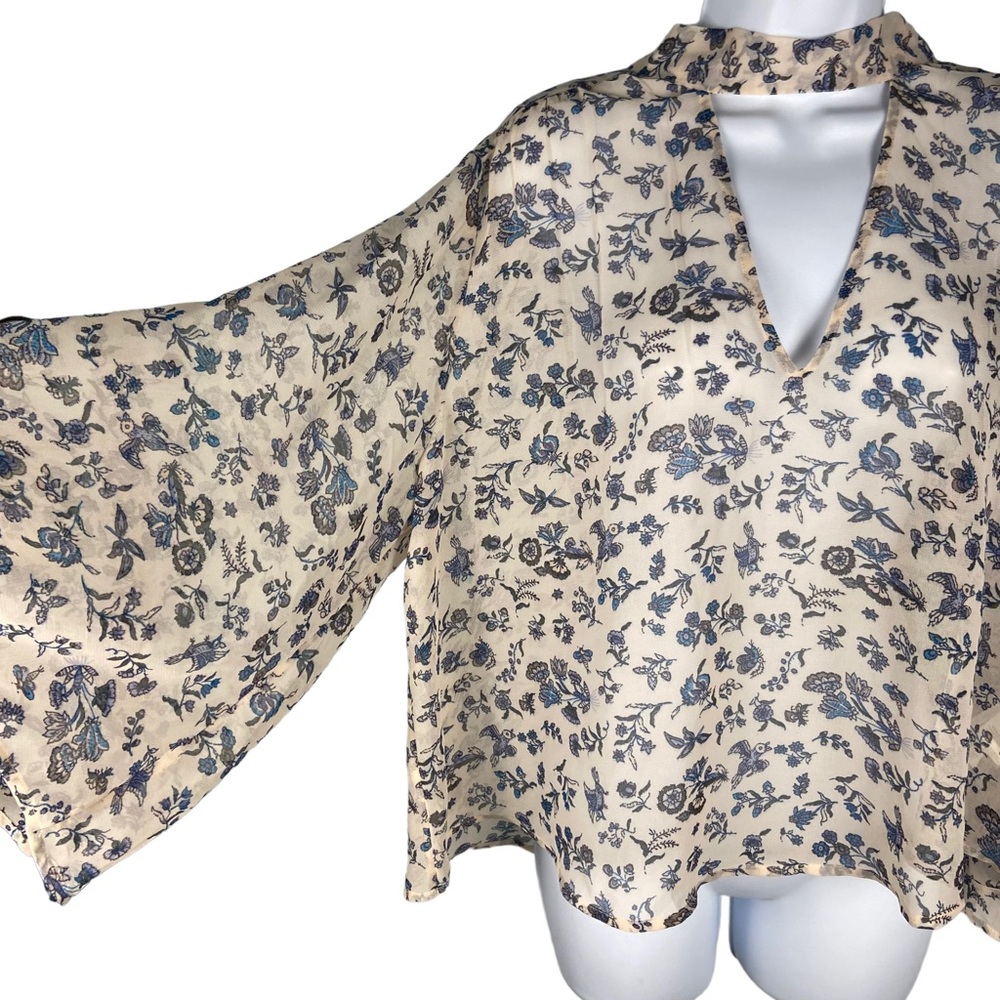 Lucky Brand Bird Ditsy Floral Neck Tie Flowy Blouse L